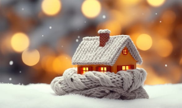 A charming miniature house wrapped in a knitted scarf against a sparkling bokeh light background..copy space