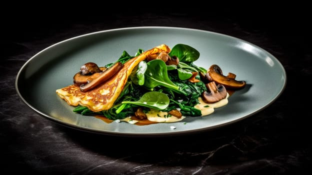 Plate with mushrooms and herbs on a gray table