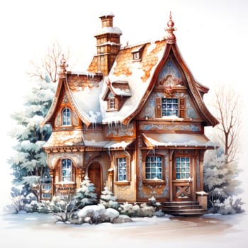 cozy house covered with snow on a white background, illustration in watercolor style. Christmas elements.