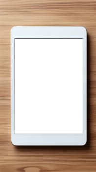 Blank white tablet screen with a wooden background, providing a great layout space.