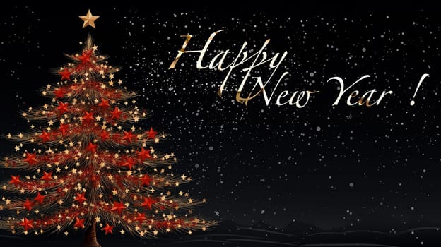 Christmas tree with red balls, stars on a dark background. Postcard with congratulatory text. Merry Christmas Party Design Template