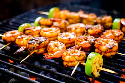 Close-up of grill with shrimp and vegetables on it