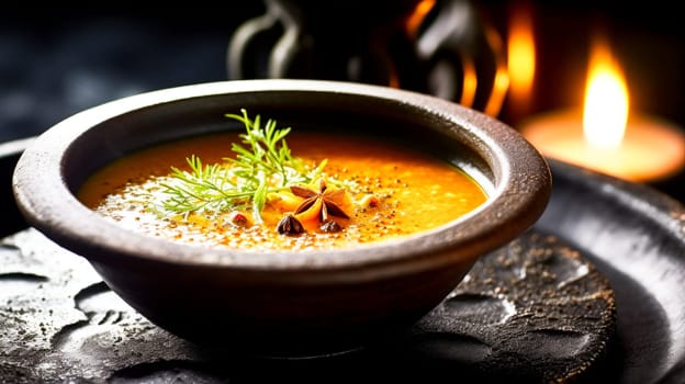 Bowl of soup in clay plate with candle on table