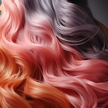 An artistic close-up of flowing hair with a beautiful gradient from pink to gray, showing a modern style.Beauty and fashion content, beauty salon marketing, hair product advertising.