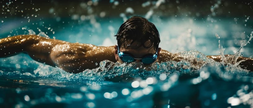 Man swimming in swimming pool with goggles on face