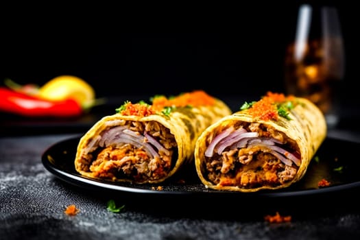 Two burritos on a black plate with vegetables.
