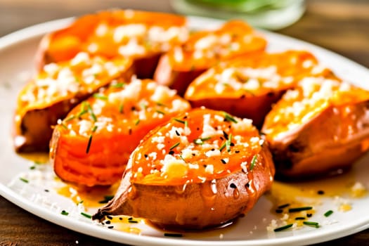 Plate of white dish topped with stuffed sweet potatoes