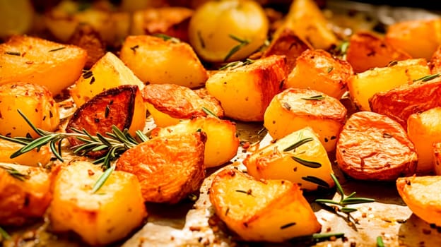Close-up of frying pan with potatoes and rosemary sprigs