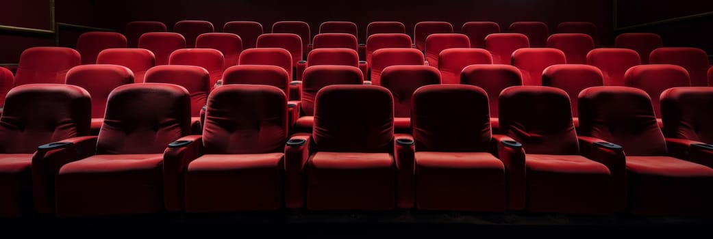 Row of red chairs in theater with lights on