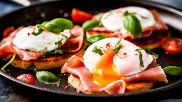 A plate of food on which there are tomatoes and ham and poached eggs.
