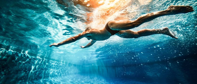 Man swimming underwater in swimming pool, his feet are above the water