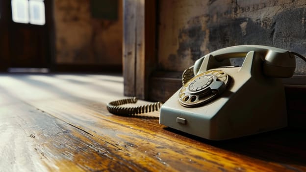 Vintage phone standing on wooden floor in dusty empty room.