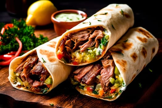 Close-up of burrito with meat and vegetables on it