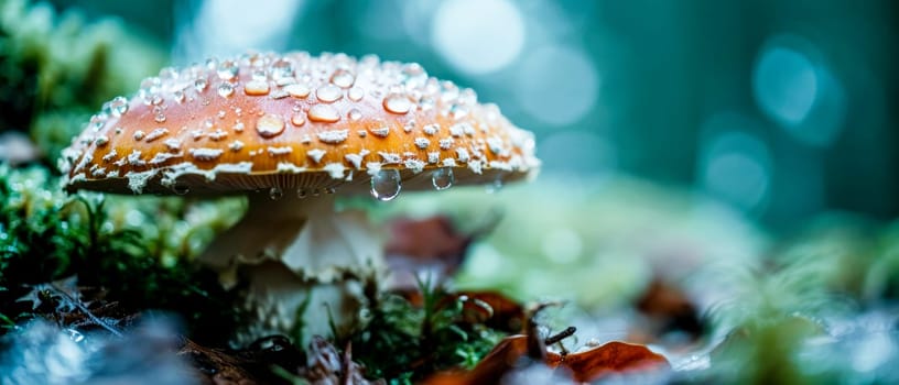 A mushroom with rain drops on it sitting in the grass