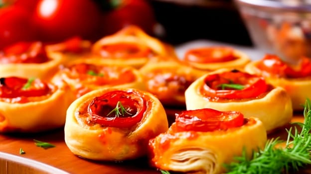 Pizza rolls with tomato sauce, bacon, mushrooms and cheese.