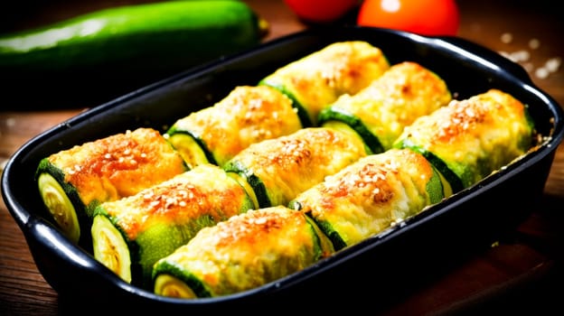 A black dish pan filled with zucchini rolls and tomatoes