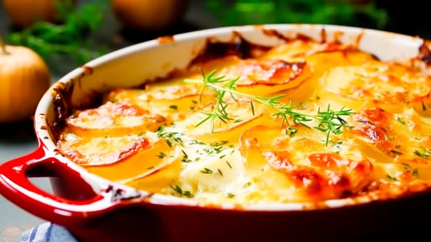 Casserole dish with potatoes and herbs on the table