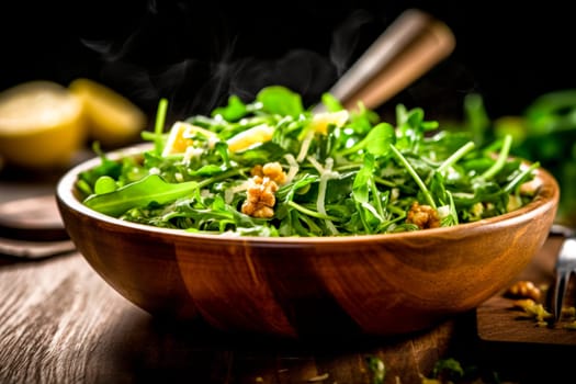 Wooden bowl filled with salad of herbs and nuts