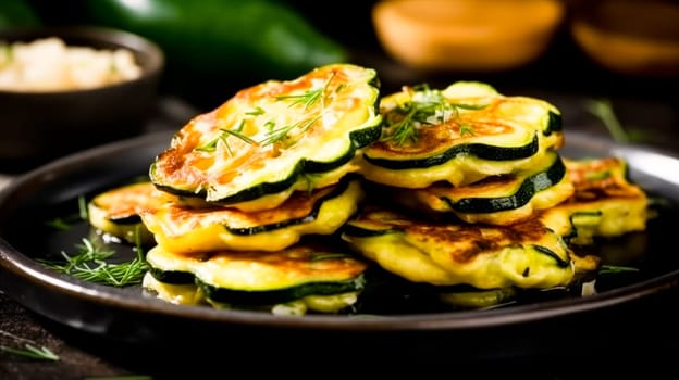 A plate of zucchini and other vegetables on a black surface