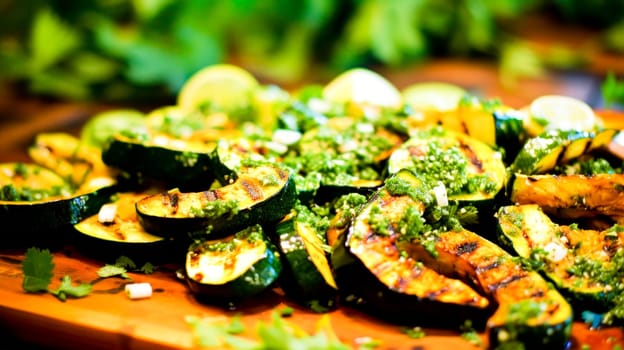 Close-up of cutting board with sliced zucchini, herbs and lime
