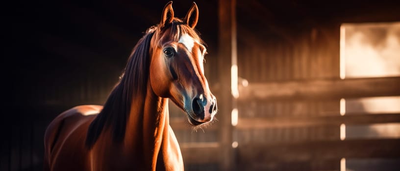 A horse standing in a stable on which the sun is shining.