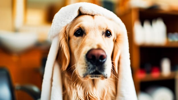 A dog with a towel wrapped around his head in the salon