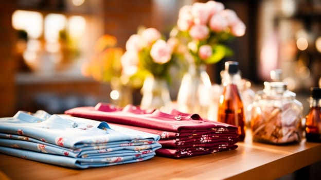 Table with folded shirts and bottles of wine on it