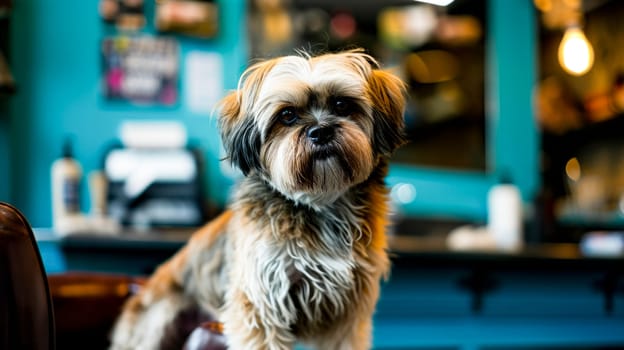 A small dog sits on a chair in front of a shelf of shampoos.