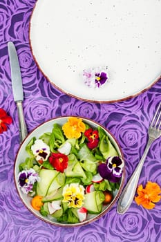 Raw fresh salad of cucumber, radish, green and flowers. Clean and healthy eating concept. Space for text.