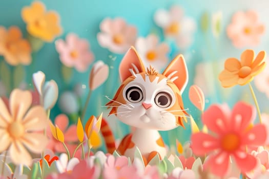 3D illustration of cute cat and summer flowers. Greeting card. AI generated