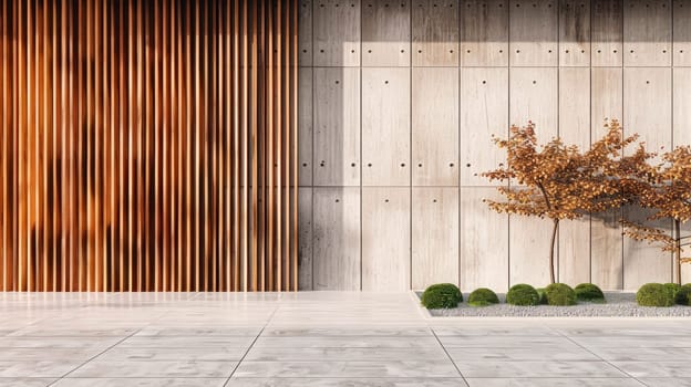 Wall construction with  wood cladding in outdoor courtyard. Minimalist wooden slatted wall. AI generated