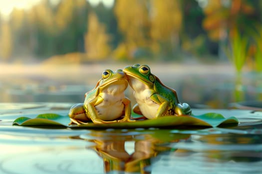 Two frogs in love are sitting on a lily pad, they have a date. The frogs are in love.AI generated