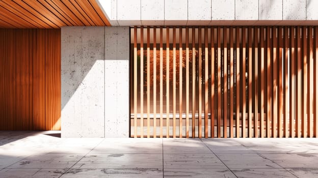 Wall construction with  wood cladding in outdoor courtyard. Minimalist wooden slatted wall. AI generated