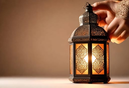 AI generated of a person holding a lantern with candle inside and islamic ornaments with copy space background