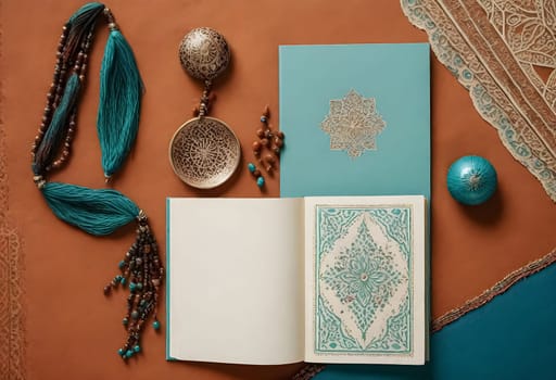 AI generated of a book with a blue cover with islamic calligraphy and ornaments