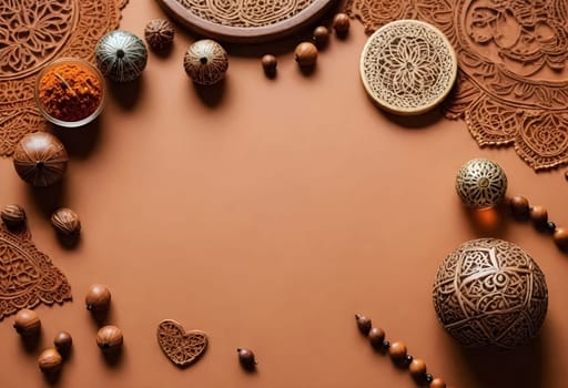 AI generated of a table with many different colored beads and a heart shaped object on it