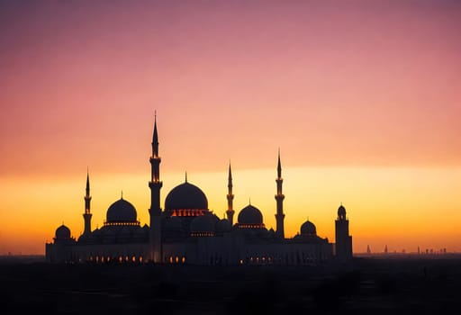 AI generated of silhouette of a mosque with sunset sky on background