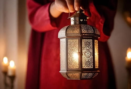 AI generated of a woman with red cape is holding a lantern