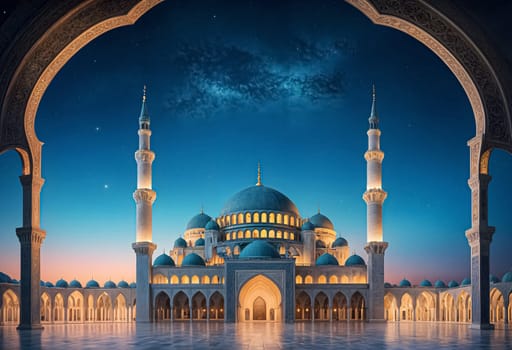 AI generated of a blue mosque with a starry night sky and a place of worship
