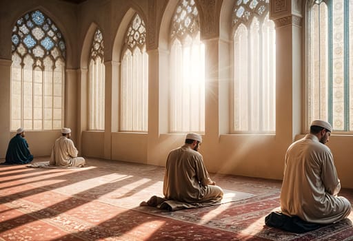 AI generated of four men sit in a mosque with the sun shining through windows