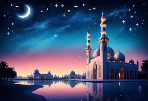 AI generated of a photo composite of a mosque with the moon and the moon reflecting in the water