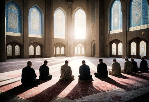 AI generated of four men sit in a mosque with the sun shining through windows