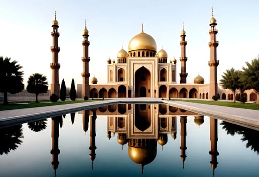 AI generated of a mosque on clear sky with a reflection of a mosque and sky in the water