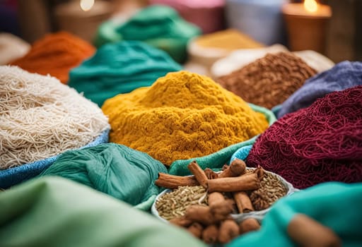 AI generated of close up of colorful fabrics, spices, and handmade crafts at eid al adha market