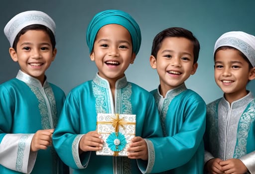 AI generated of four children holding up a sign on a pink background with islamic fashion