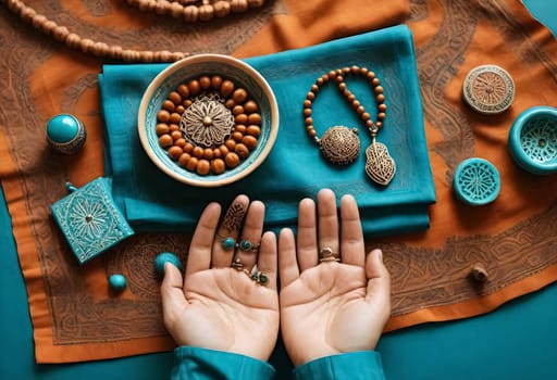 AI generated of a woman's hands with a bowl of beads pieces and beads on a table
