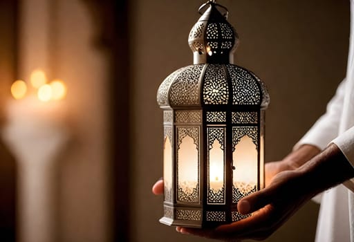 AI generated of a person holding a lantern in the dark with copy space background