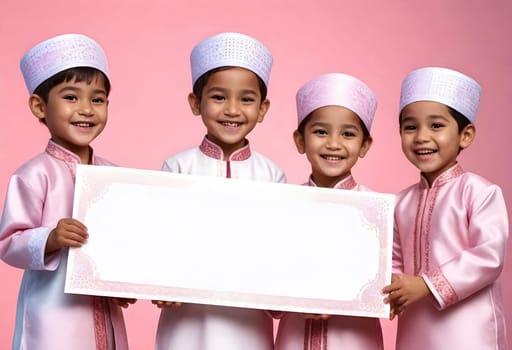 AI generated of four children holding up a sign on a pink background with islamic fashion
