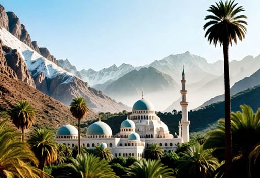 AI generated of a mosque with a palm tree and mountain in the background