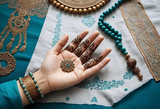 AI generated of a woman's hand with a turquoise and gold design and beads on the front